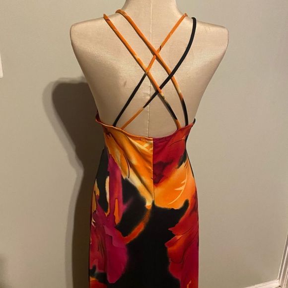 Floral Halter Maxi Dress - Black, Red, Orange-C - Picture 4 of 6